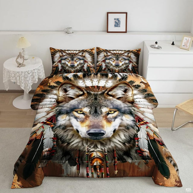 Golden eye wolf comforter mockup with symmetrical feather fan and beads