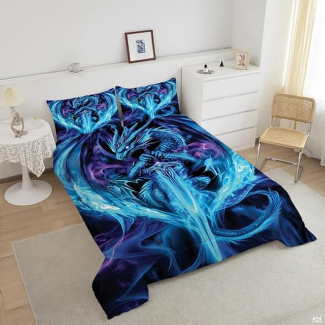 Angled bedroom view highlighting glowing cyan dragon and sword bedding with matching printed pillow shams.