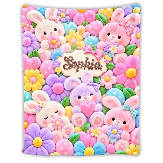 Pastel Easter bunnies and flowers throw blanket showing cute stuffed bunnies and eggs