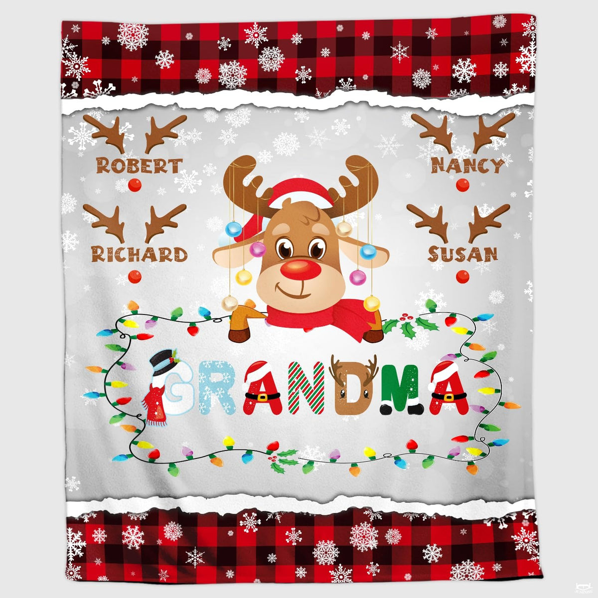 Christmas reindeer buffalo plaid throw blanket held open showing festive red check snowflake borders