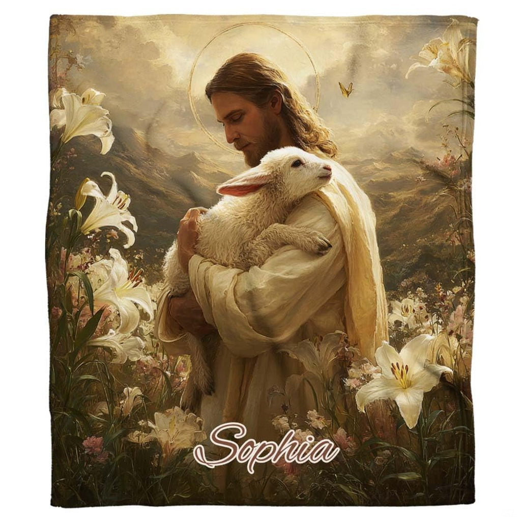 Full flat view of Good Shepherd Jesus throw blanket showing classical biblical art.