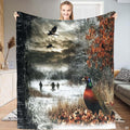 Dramatic winter painting of ringneck pheasant in frosty marsh with distant hunters, view 1.