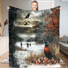 Dramatic winter painting of ringneck pheasant in frosty marsh with distant hunters, view 1.