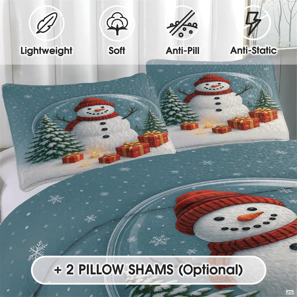 Close-up detail of snowman motifs and snowflake emblems on spruce teal holiday bedding