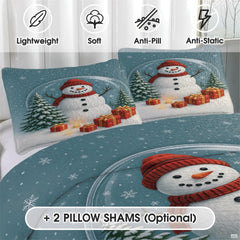 Close-up detail of snowman motifs and snowflake emblems on spruce teal holiday bedding