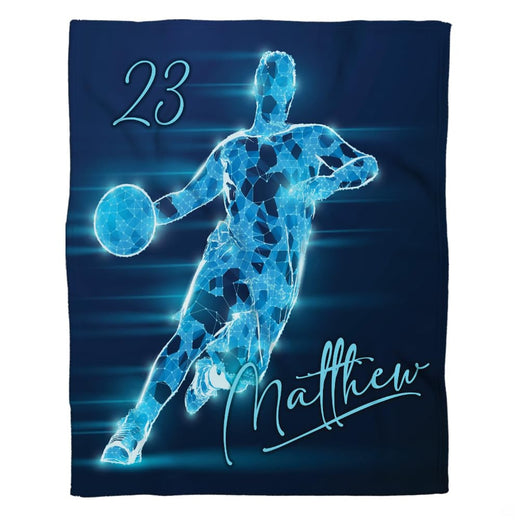 Luminous polygonal basketball player throw blanket with glowing cyan wireframe athlete on navy