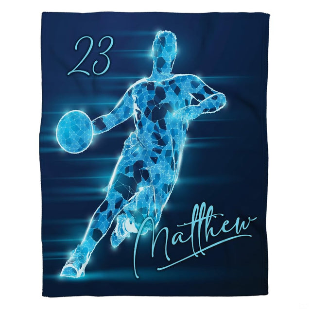 Luminous polygonal basketball player throw blanket with glowing cyan wireframe athlete on navy