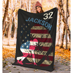 Football scrimmage lineman blanket displayed on living room armchair