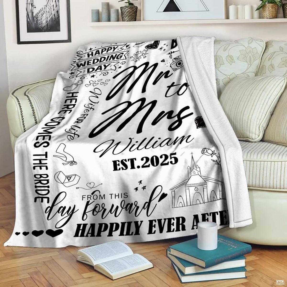 Playful Miss to Mrs bridal throw blanket draped across living room armchair