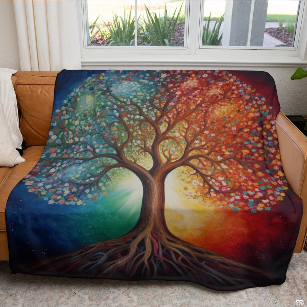 Four Seasons Tree of Life throw blanket spread neatly over modern bed with bohemian pillows
