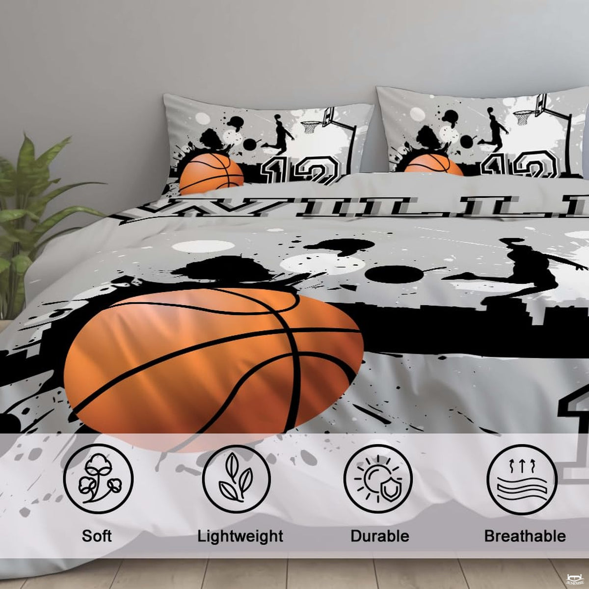 Corner fold view of basketball bedding highlighting vivid orange printing against modern grey foundation