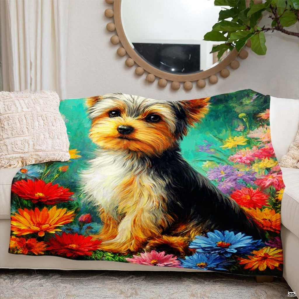 Detailed view of colorful daisy petals and Yorkshire terrier illustration