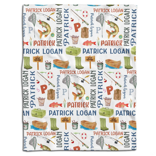 Watercolor thematic accent bedding featuring hand-painted thematic accent, tackle boxes, and wooden boats on a white...