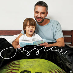 Athletic bedroom layout featuring softball glove graphic decor paired with matching sports wall art.