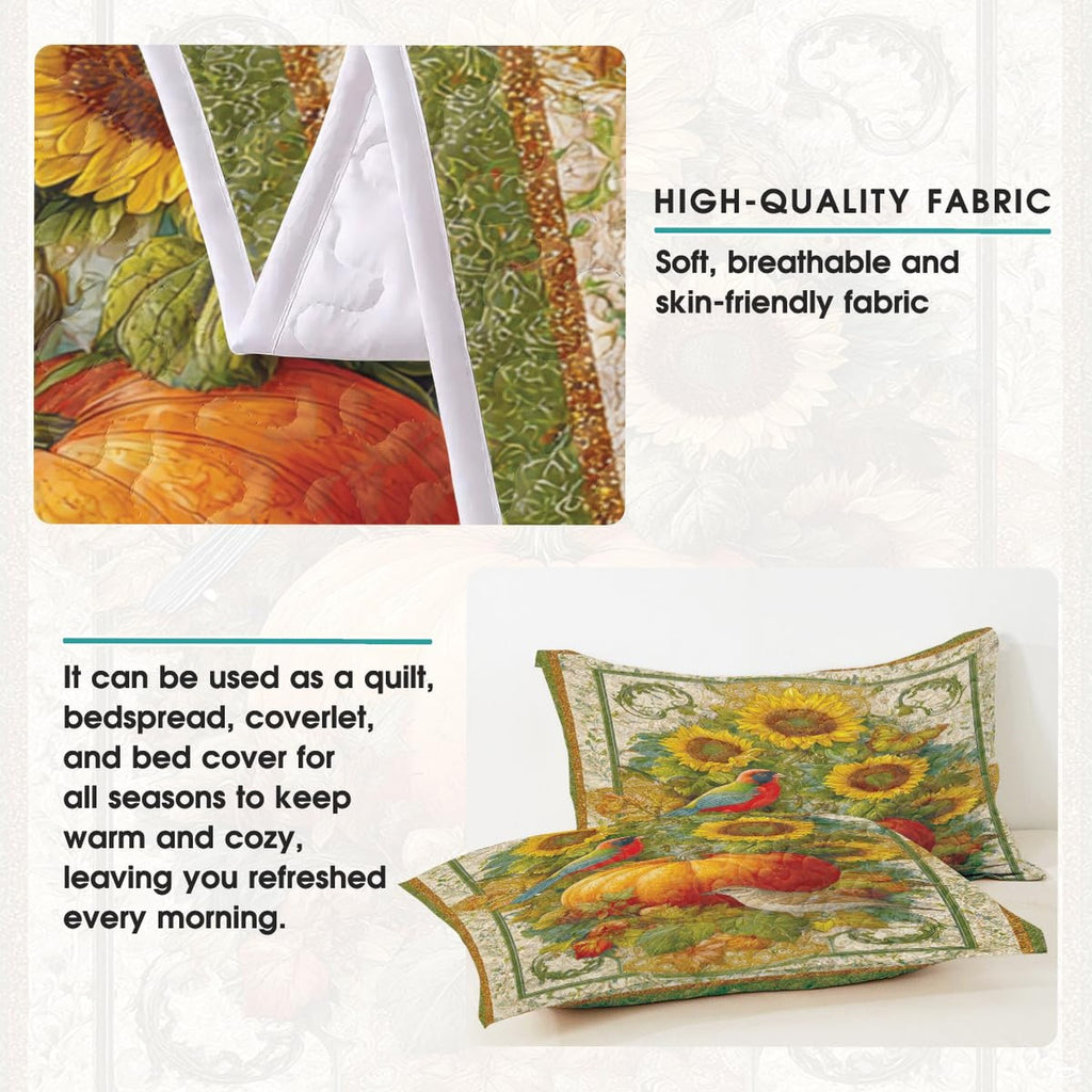 Bedding visual display highlighting rich orange, forest green, and golden hues in a classic harvest motif.