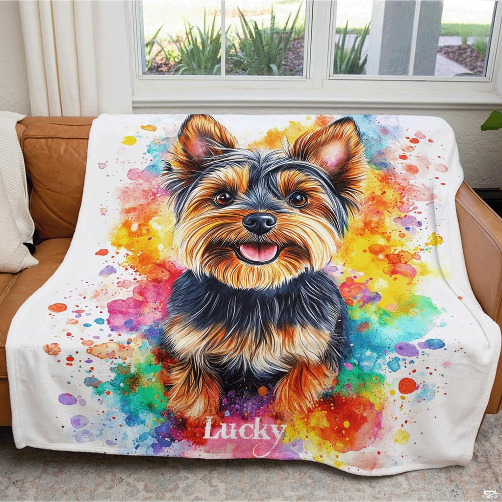 Bedroom styling with colorful Yorkie dog motif bedding set enhancing modern room aesthetic.