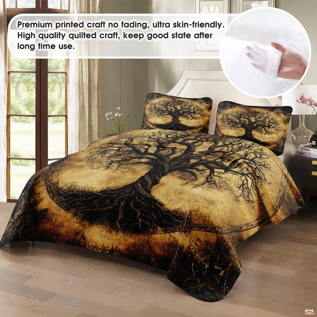 Close-up perspective of rustic bedding detailing ink-etched tree bark, twisted roots, and antique paper sepia gradients