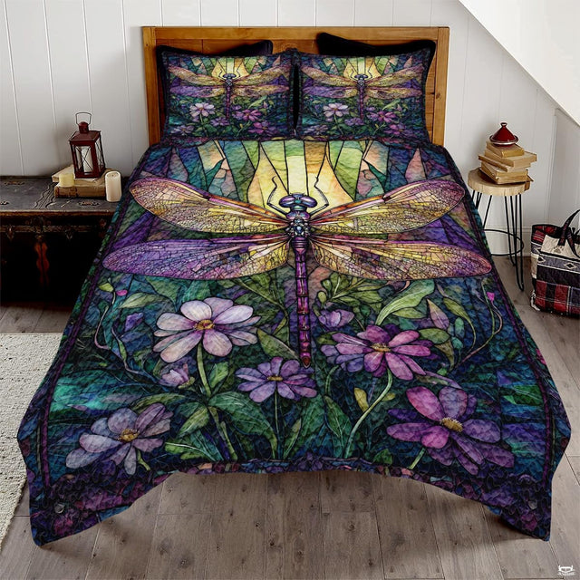 Stained glass dragonfly bedding in a bright bedroom