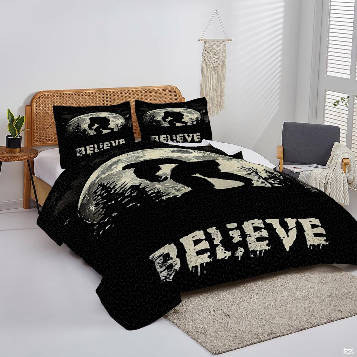 Rustic cabin bedroom decor styling with a nocturnal full moon and forest ape bedding set