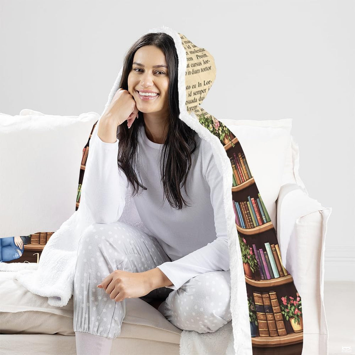 Library room styling with book reading girl hooded blanket