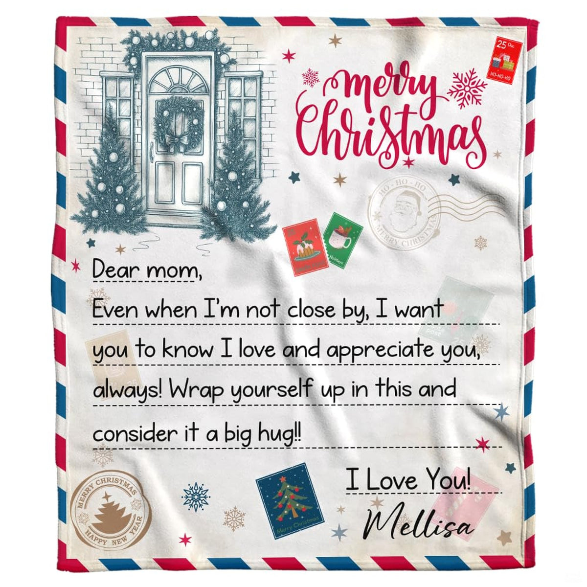 Folded Christmas letter throw blanket highlighting border finish and printed typography