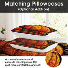 Detail angle of radiant amber pumpkin carvings and golden spiraling vine graphics on black bedding