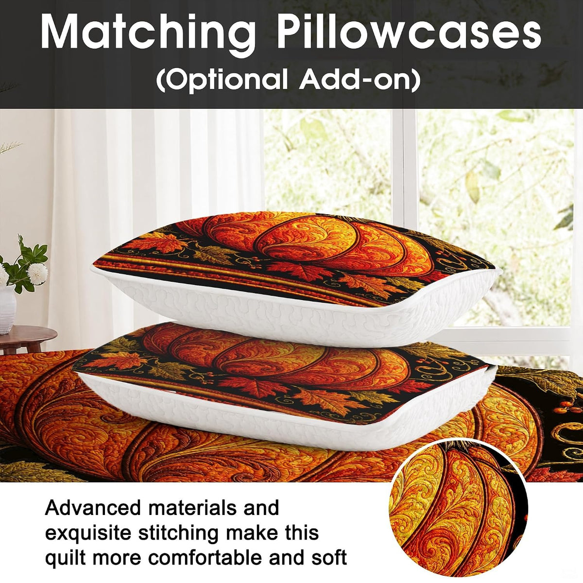 Detail angle of radiant amber pumpkin carvings and golden spiraling vine graphics on black bedding
