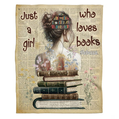 Personalized Books in Bun Girl Reading on Antique Books Throw Blanket