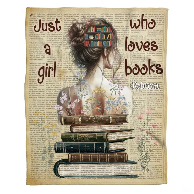 Personalized Books in Bun Girl Reading on Antique Books Throw Blanket
