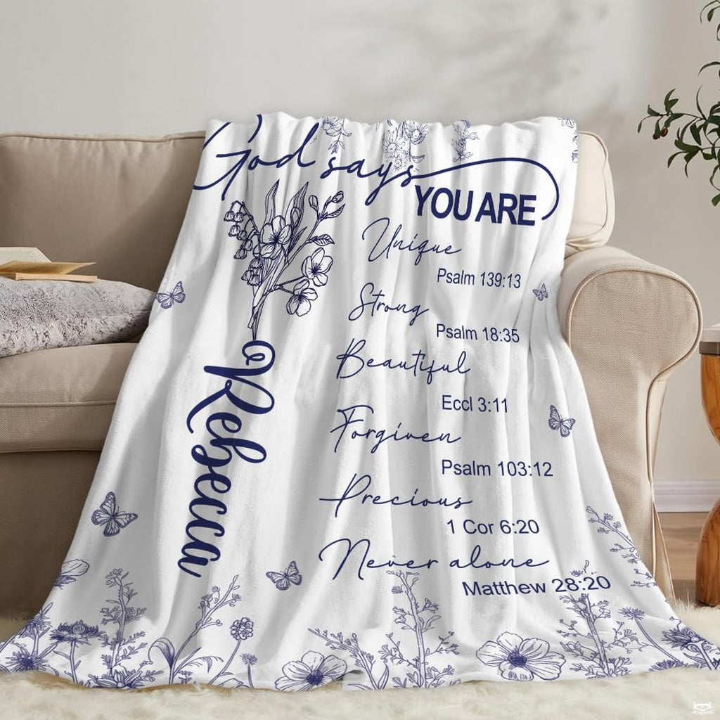 Lifestyle scene showcasing the decorative scripture throw blanket.