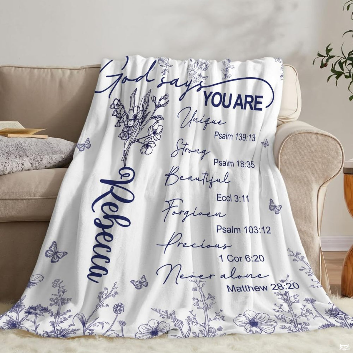 Lifestyle scene showcasing the decorative scripture throw blanket.