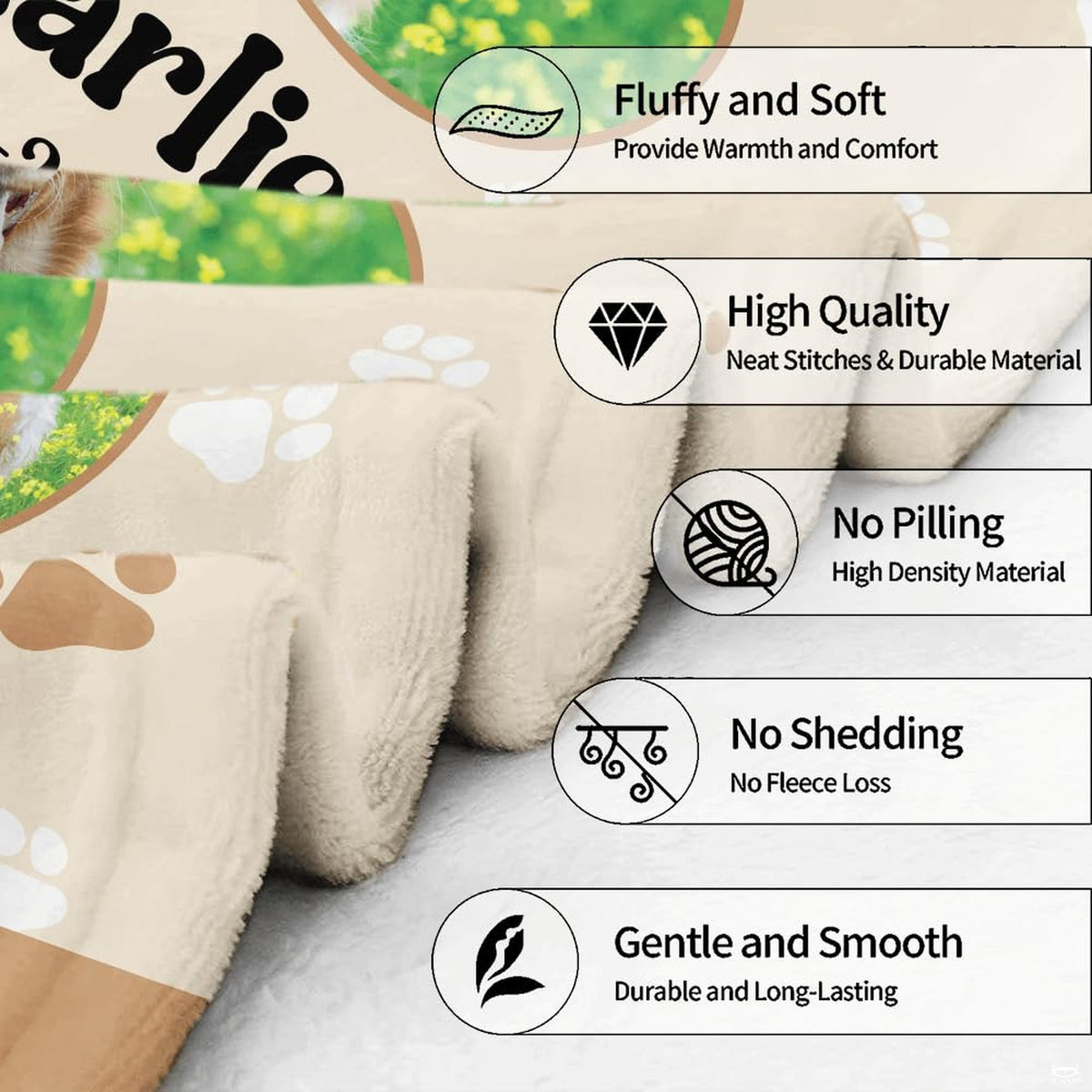 Infographic detailing material care icons and fabric properties for pet sympathy throw blanket.