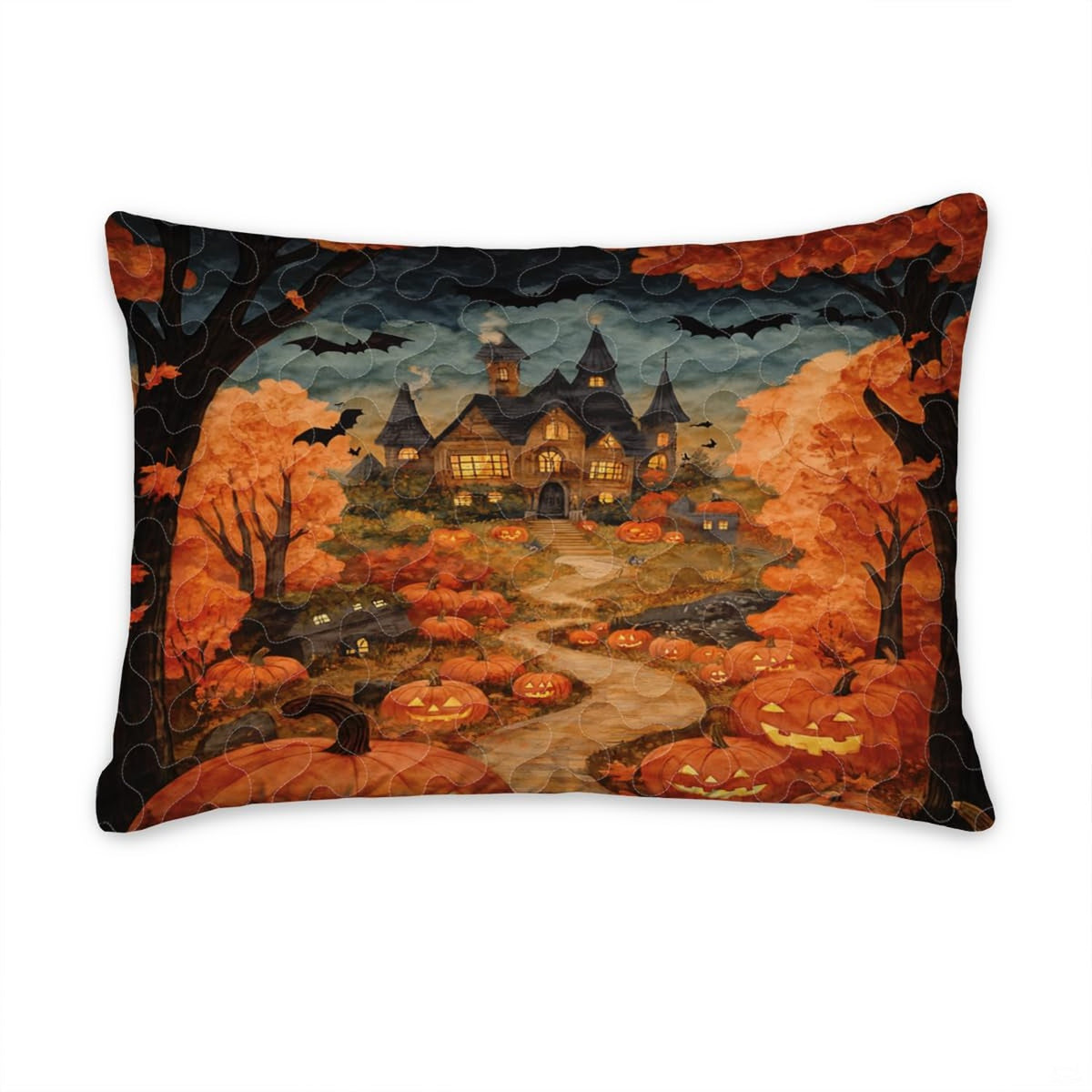 Matching pillow sham detail for Halloween bedding set displaying spooky manor on a hilltop