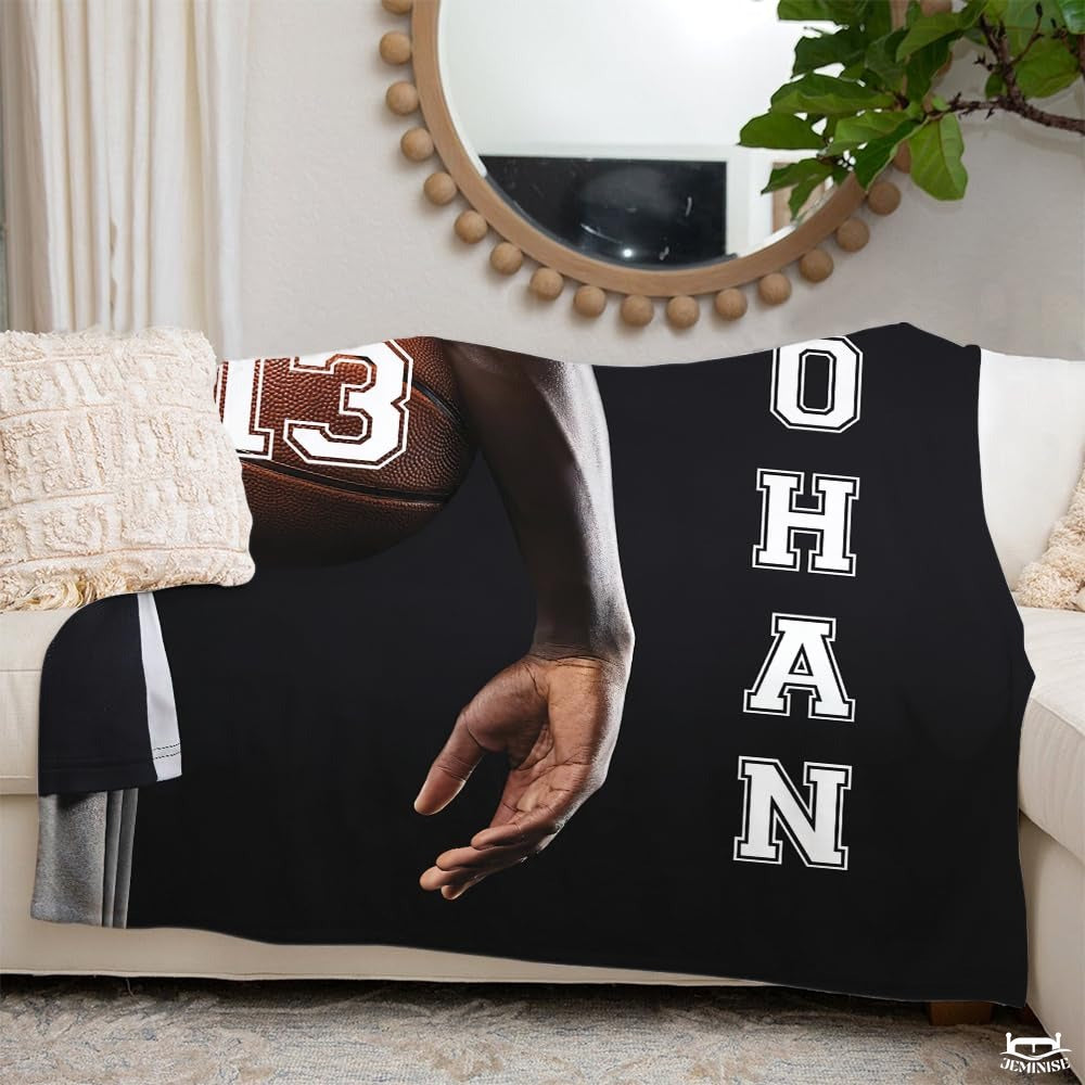 Personalized Basketball Held Under Player Arm Blanket with Name and Number