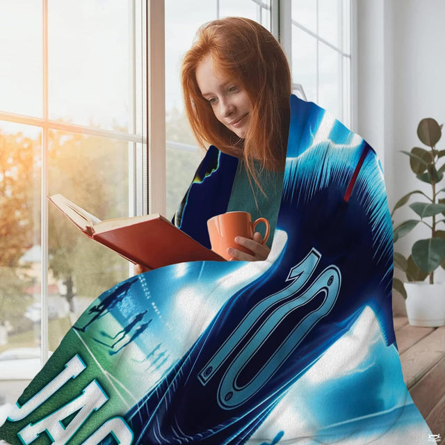 Electric blue lightning and jersey number artwork on athletic football bedroom bedding.