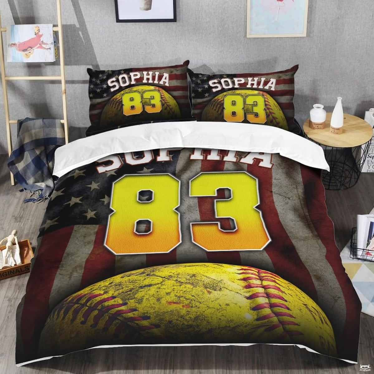 Top-down view of American flag softball sports bedding set neatly arranged on a youth bedroom mattress