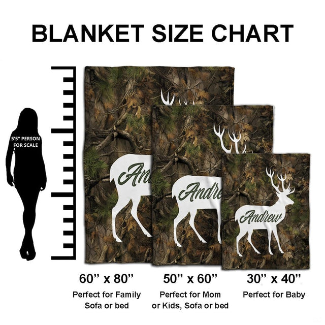 White stag silhouette print centered amidst rustic hunting camouflage tree branches and pine needles