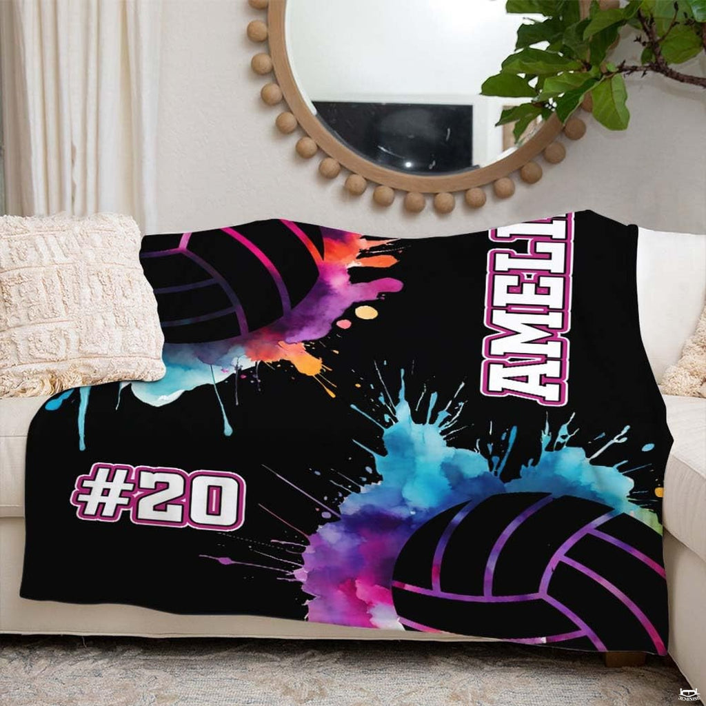 Watercolor splatter volleyball throw blanket view 6 showing neon athletic graphics and paint drips