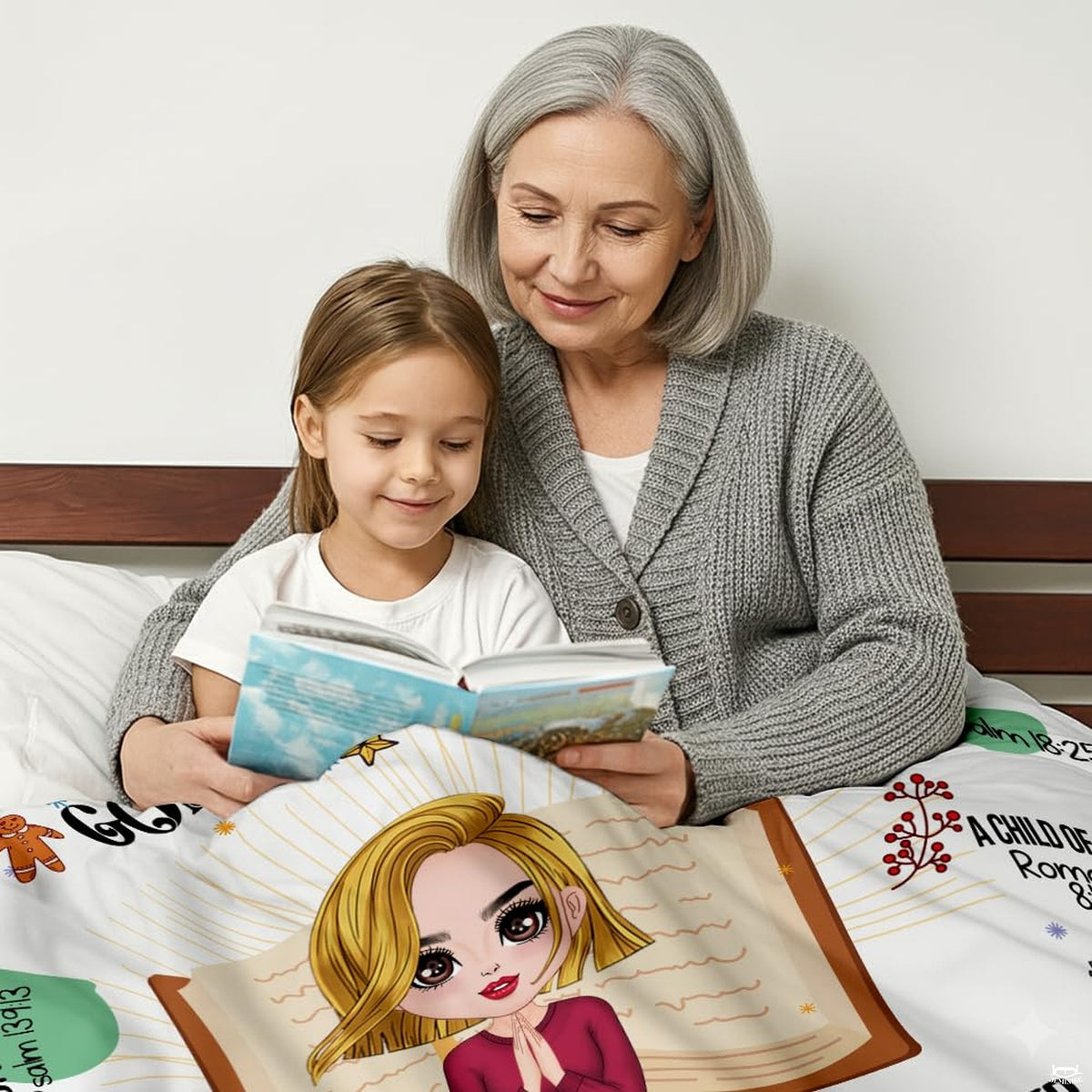 God says I am Christmas scripture faith holiday blanket showing praying girl and snowmen view 6