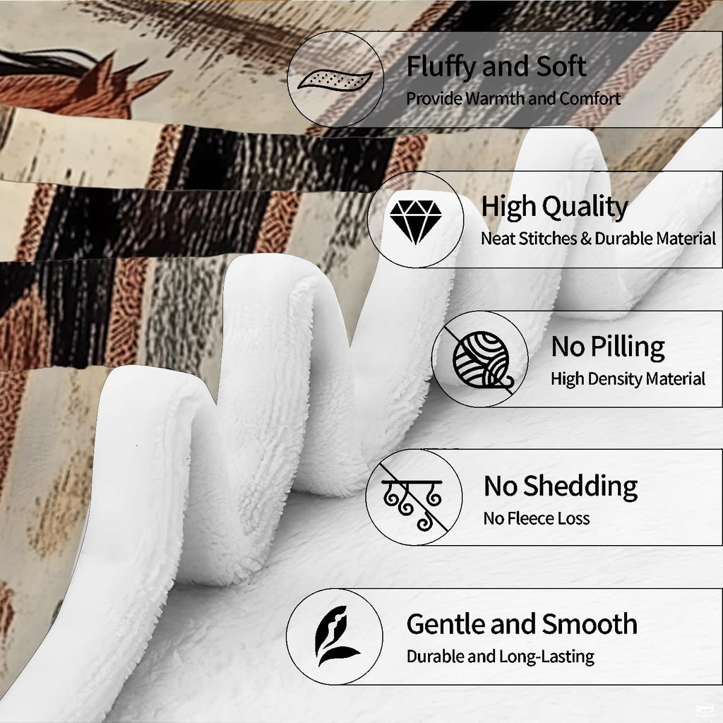 Close-up of running steed illustrations with tribal pattern borders in tan and chestnut hues.