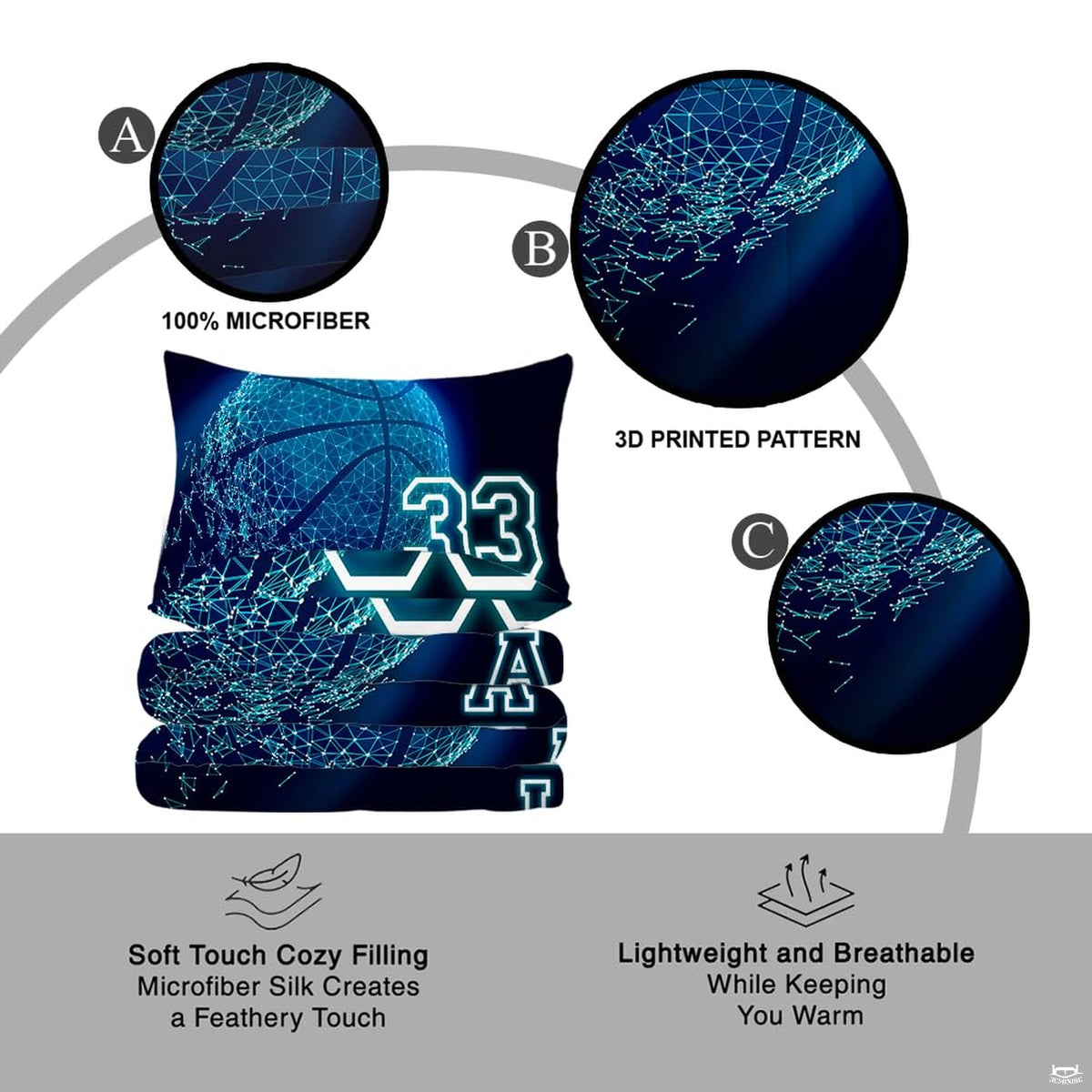 Overhead view of futuristic cyan basketball sports bedding spread across a contemporary bedroom bed setup