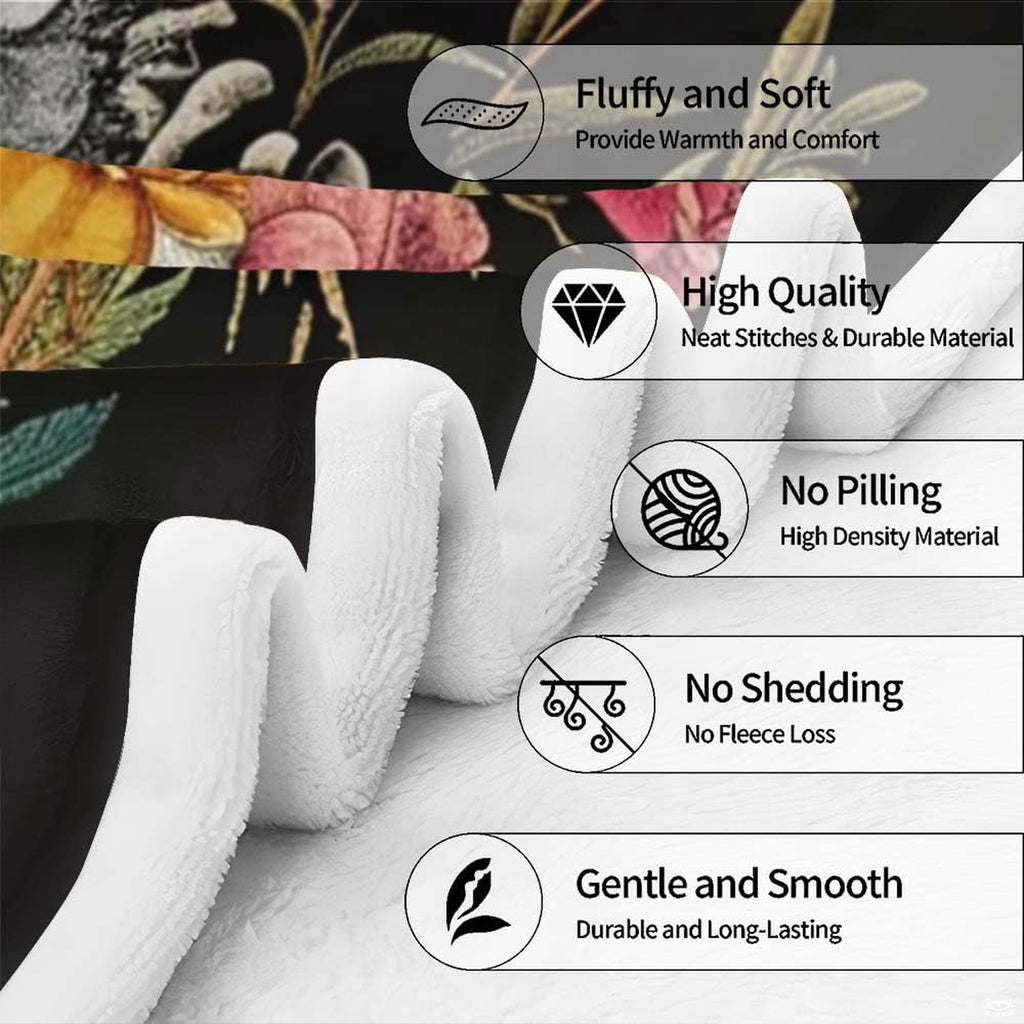 Gothic floral skeleton throw blanket view 5 highlighting skeleton couple, vibrant peonies, and black background
