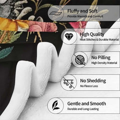 Gothic floral skeleton throw blanket view 5 highlighting skeleton couple, vibrant peonies, and black background