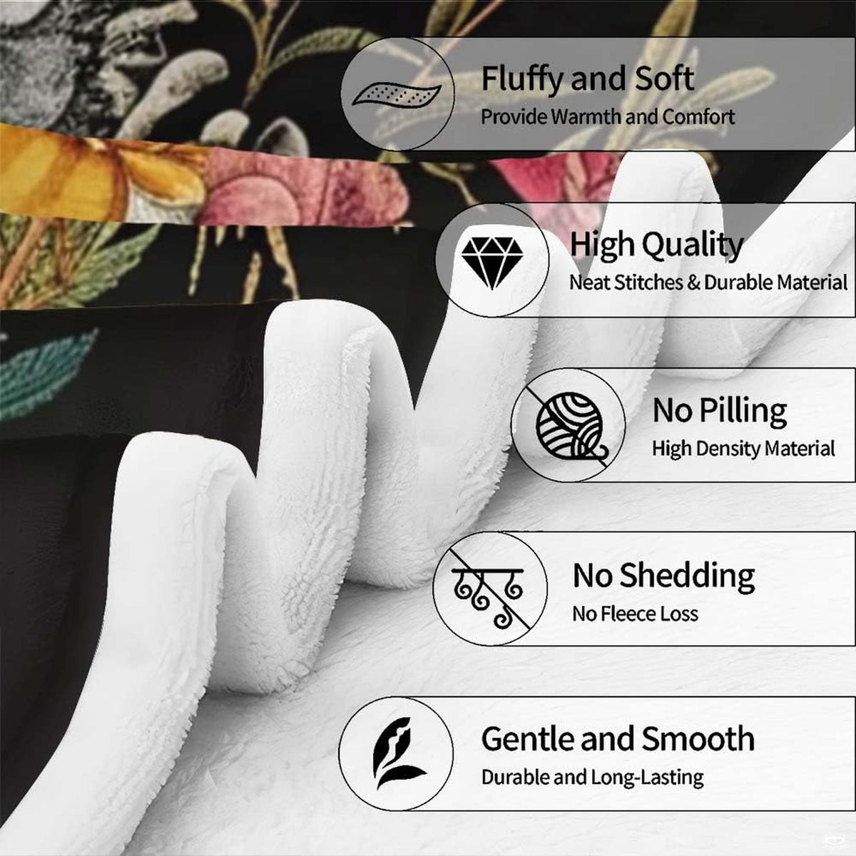 Gothic floral skeleton throw blanket view 5 highlighting skeleton couple, vibrant peonies, and black background