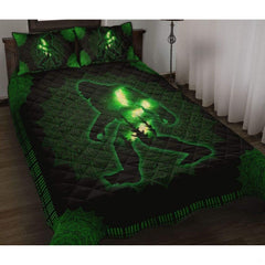 Green forest bedding featuring a walking Sasquatch silhouette and intricate circular mandala artwork.