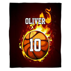 Flaming basketball bedding set displaying vibrant fire artwork against a dark background.