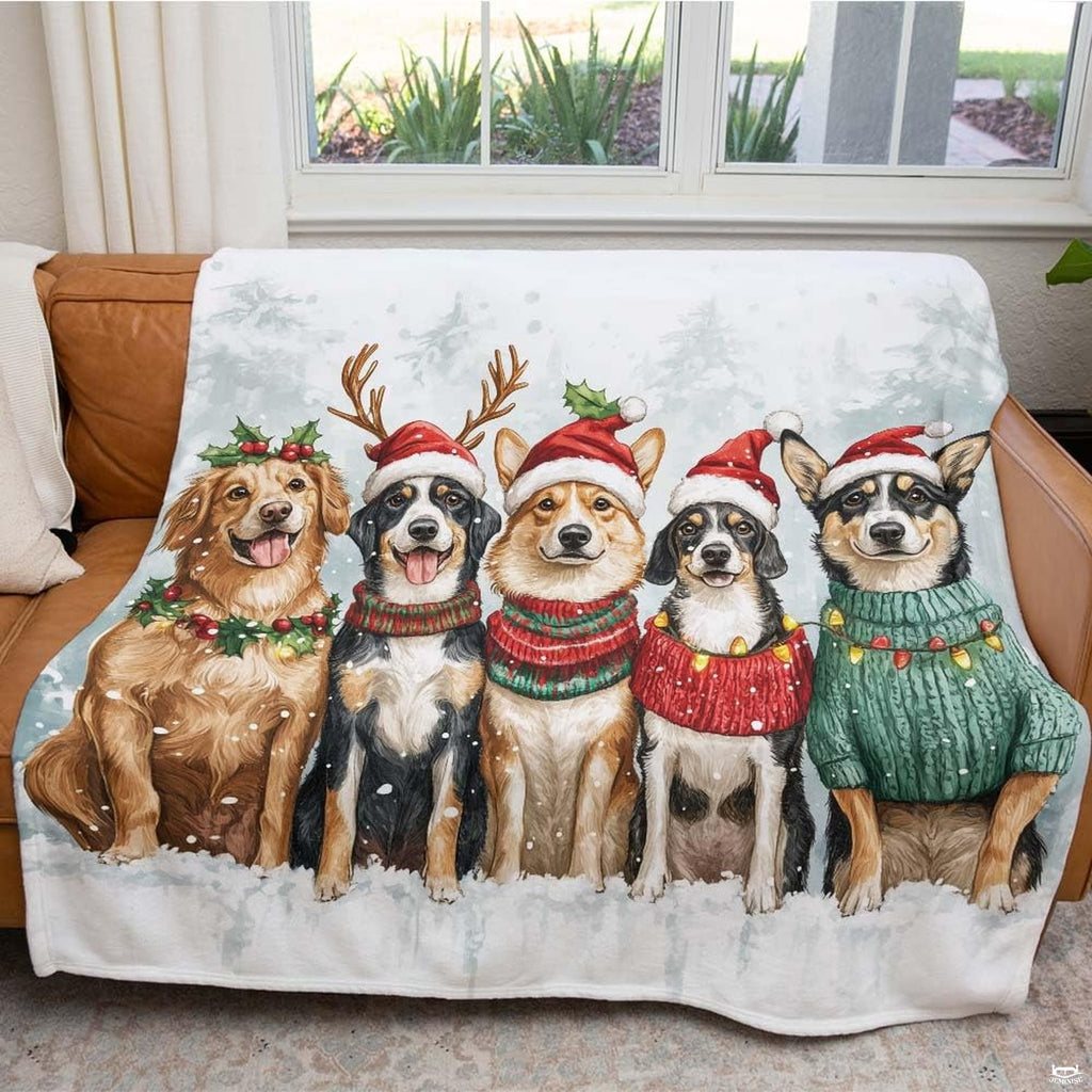 Overall view of Christmas dog bedding set displaying snowy forest backdrop and glowing holiday lights.
