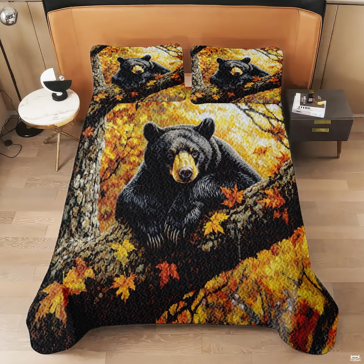Full bedroom display of sunlit bear bedding styled with lodge decor and natural pine accents