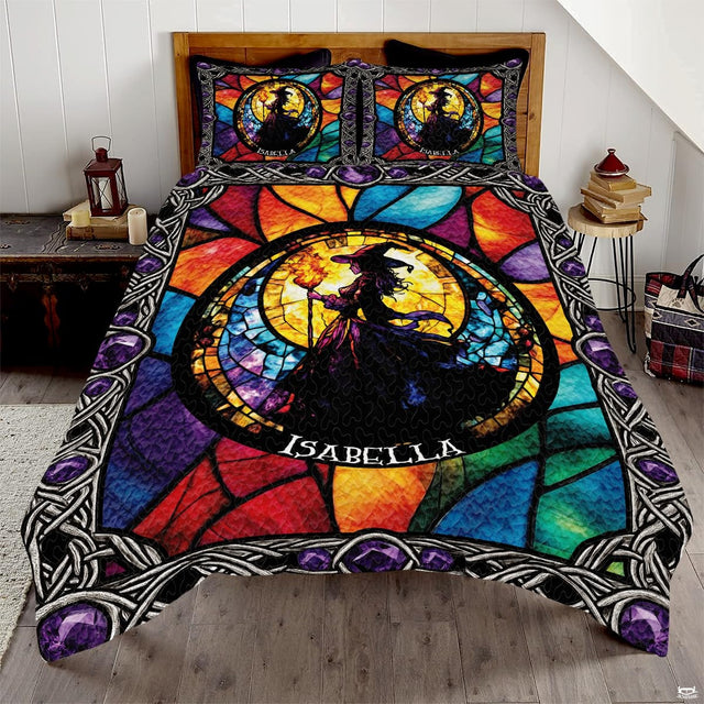Gothic witch stained glass bedding set featuring radiant mosaic panels and glowing moon artwork.