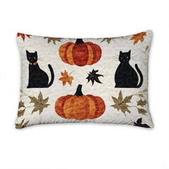 Detailed autumn leaves bedspread motif featuring charcoal leafy borders and rustic pumpkins.